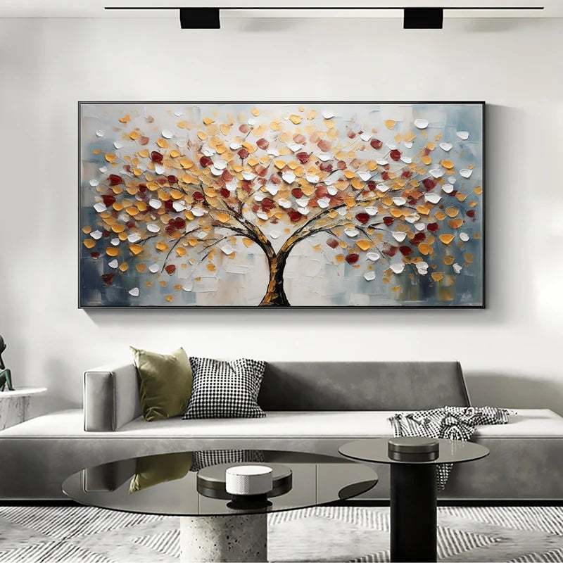 Autumn Radiance Textured Oil Painting – Colorful 3D Tree Wall Art#AB0519066