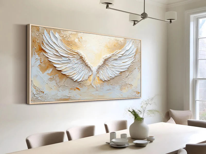 White Phoenix Wings Textured Oil Painting – 3D White Wings Wall Art#AB0519072