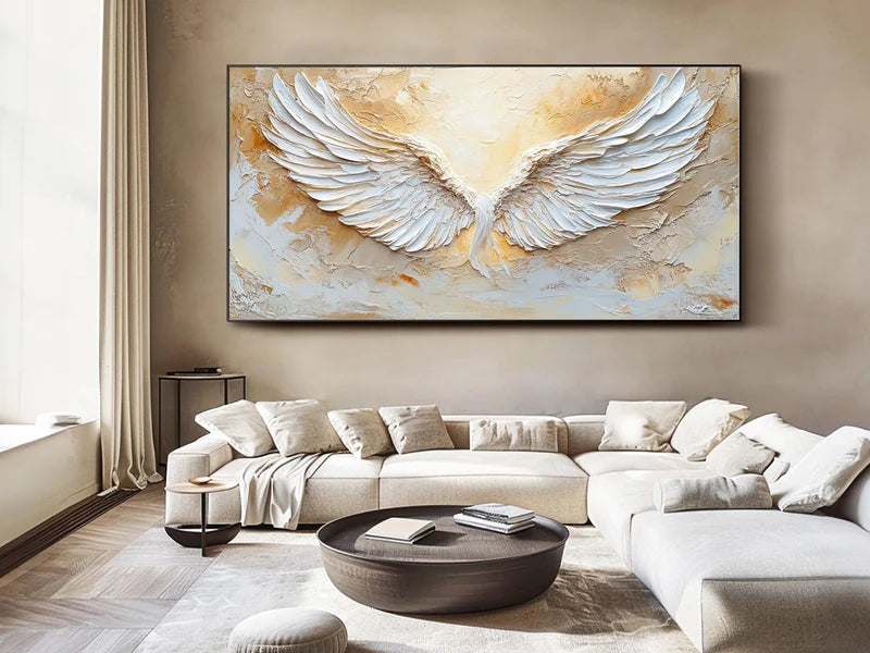 White Phoenix Wings Textured Oil Painting – 3D White Wings Wall Art#AB0519072
