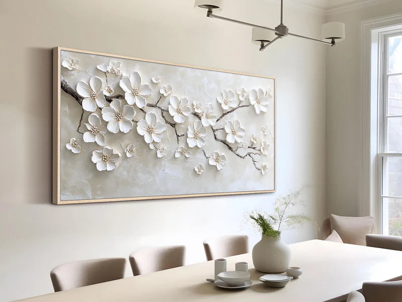 Pure Elegance Textured Oil Painting – White Floral 3D Wall Art#AB0519069
