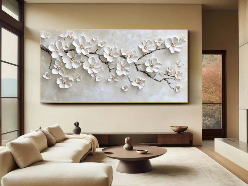 Pure Elegance Textured Oil Painting – White Floral 3D Wall Art#AB0519069