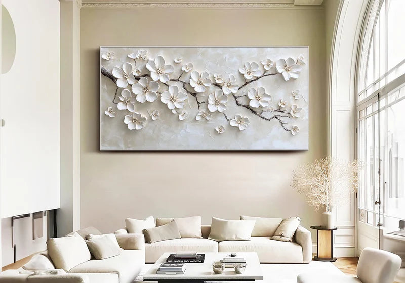 Pure Elegance Textured Oil Painting – White Floral 3D Wall Art#AB0519069