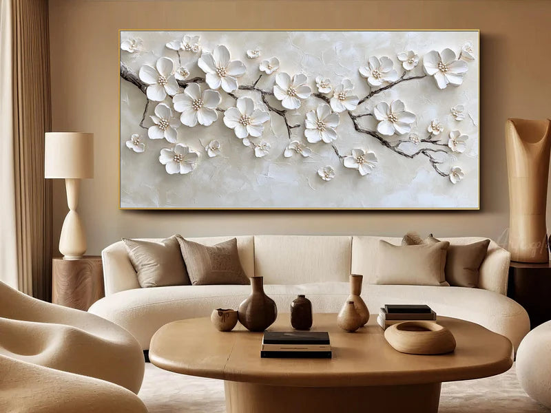 Pure Elegance Textured Oil Painting – White Floral 3D Wall Art#AB0519069