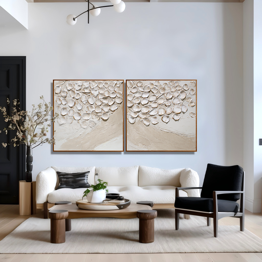 Quiet Branches – Hand-Painted Textured Floral Diptych Set of 2#AB14203