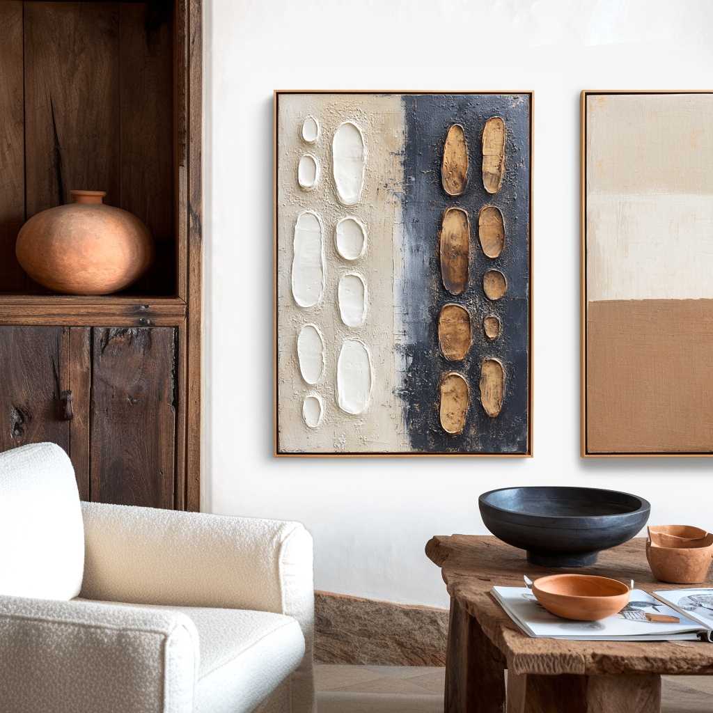 Golden Echo - Black Beige Textured Abstract Wall Art#wp260026