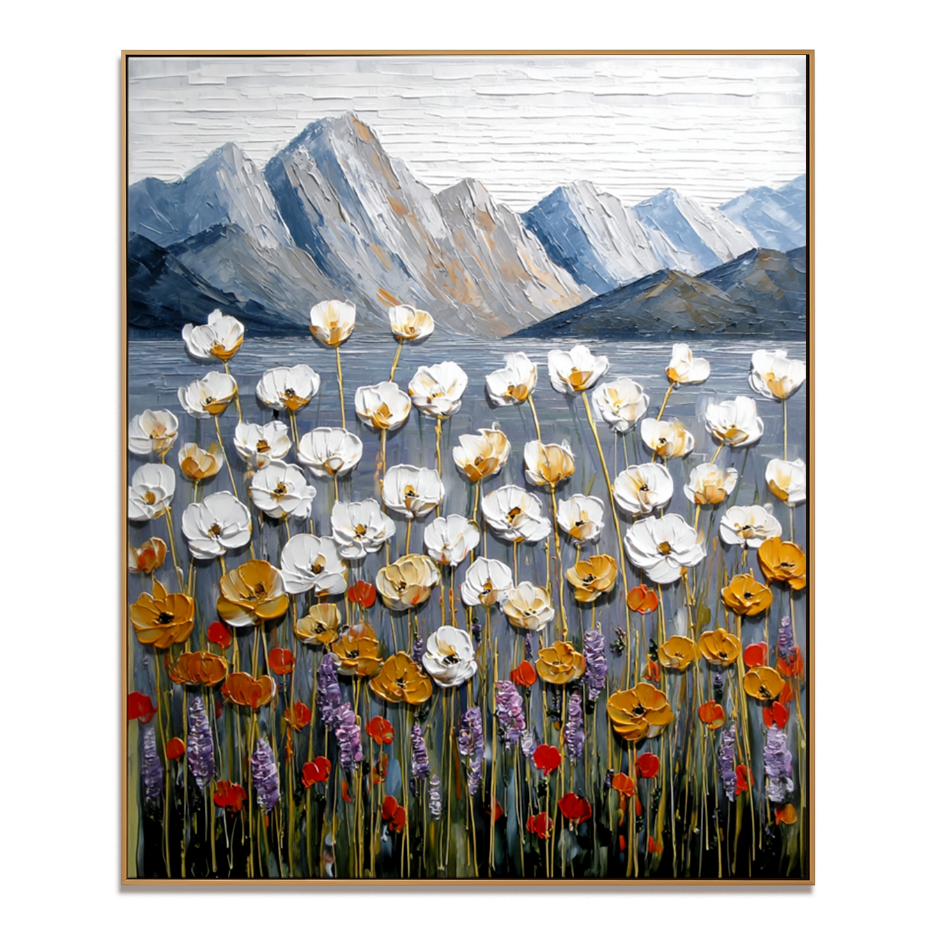 Stillness in Bloom Textured Floral Mountain Landscape Canvas Art#AB14266