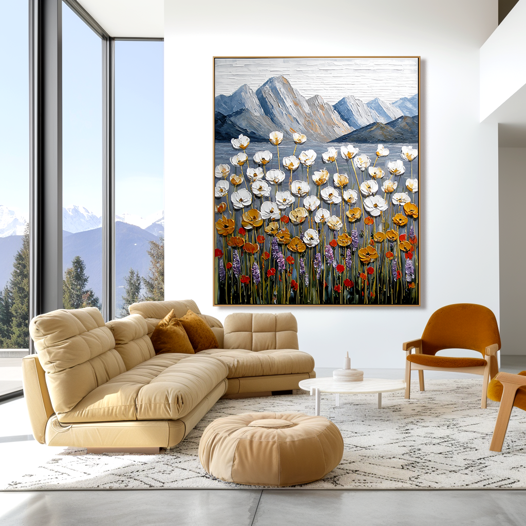 Stillness in Bloom Textured Floral Mountain Landscape Canvas Art#AB14266