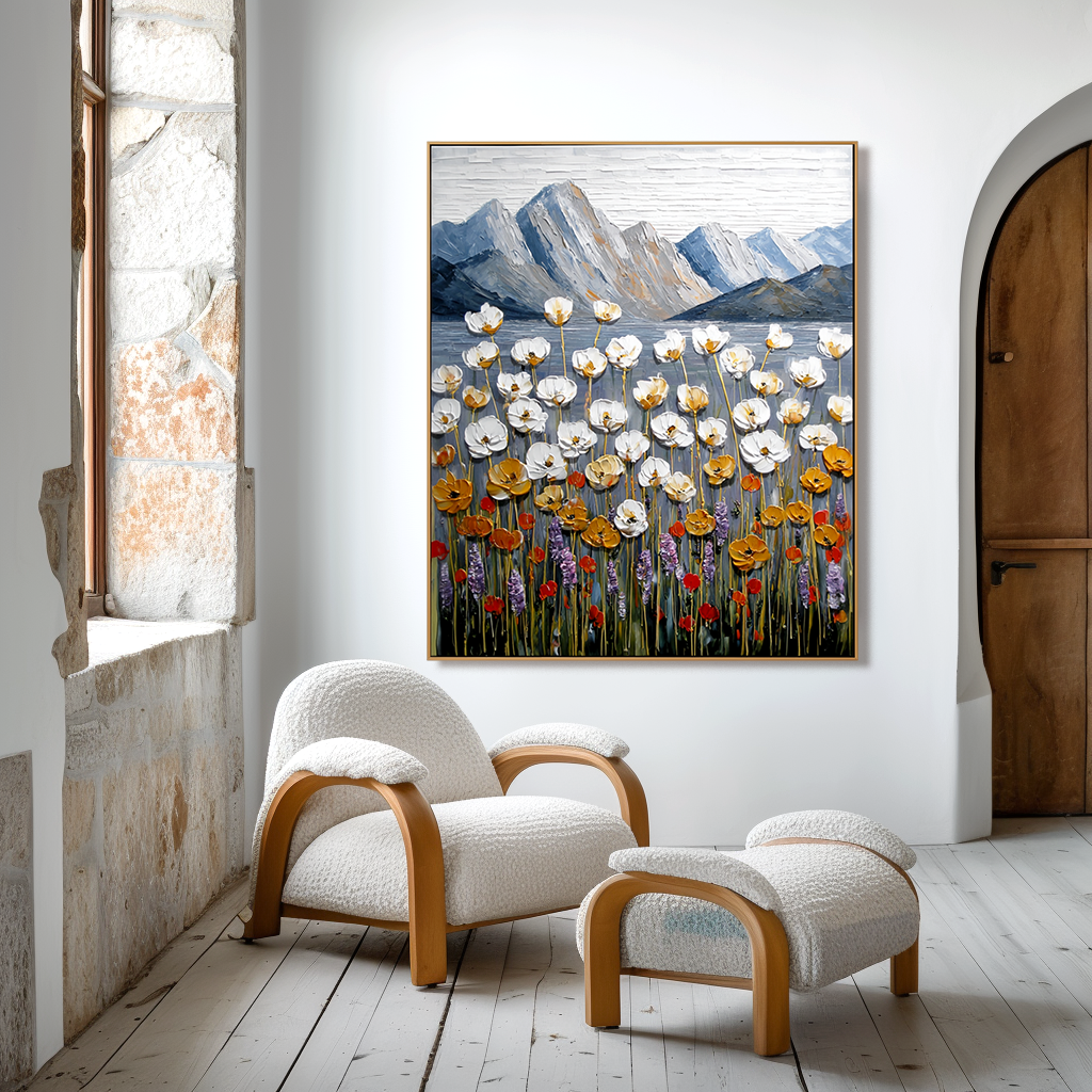 Stillness in Bloom Textured Floral Mountain Landscape Canvas Art#AB14266