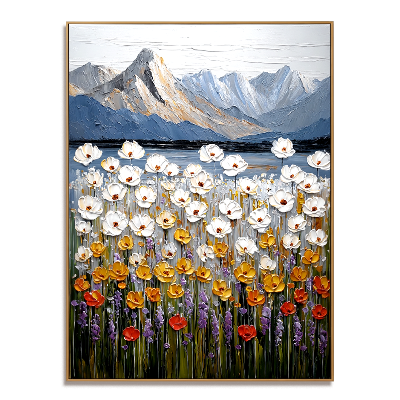 Echoes of the Meadow Textured Floral Mountain Landscape Canvas Wall Art#AB14267