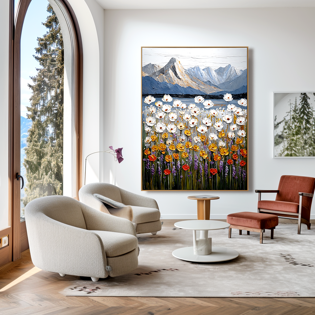 Echoes of the Meadow Textured Floral Mountain Landscape Canvas Wall Art#AB14267