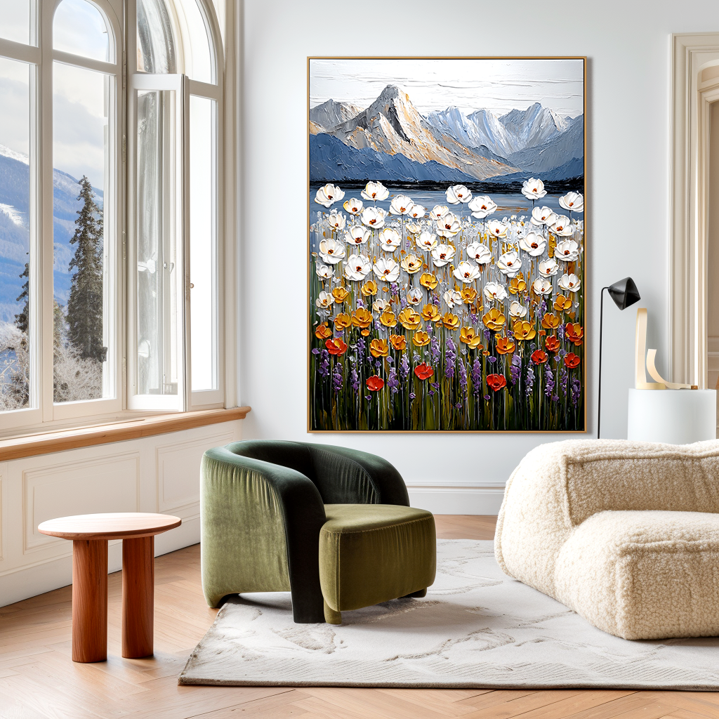 Echoes of the Meadow Textured Floral Mountain Landscape Canvas Wall Art#AB14267