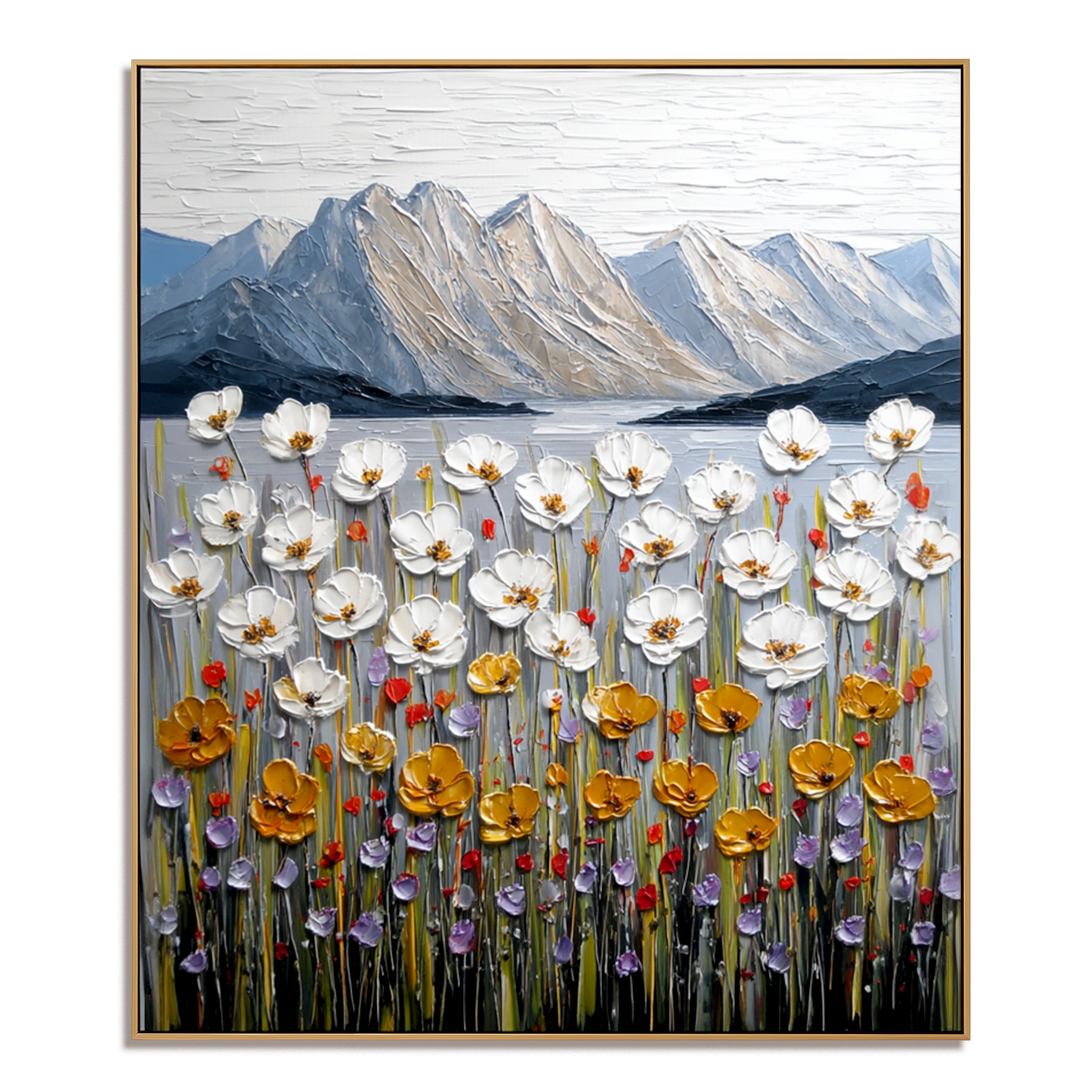 Where the Wildflowers Rise Textured Floral Mountain Landscape Canvas Wall Art#AB14268