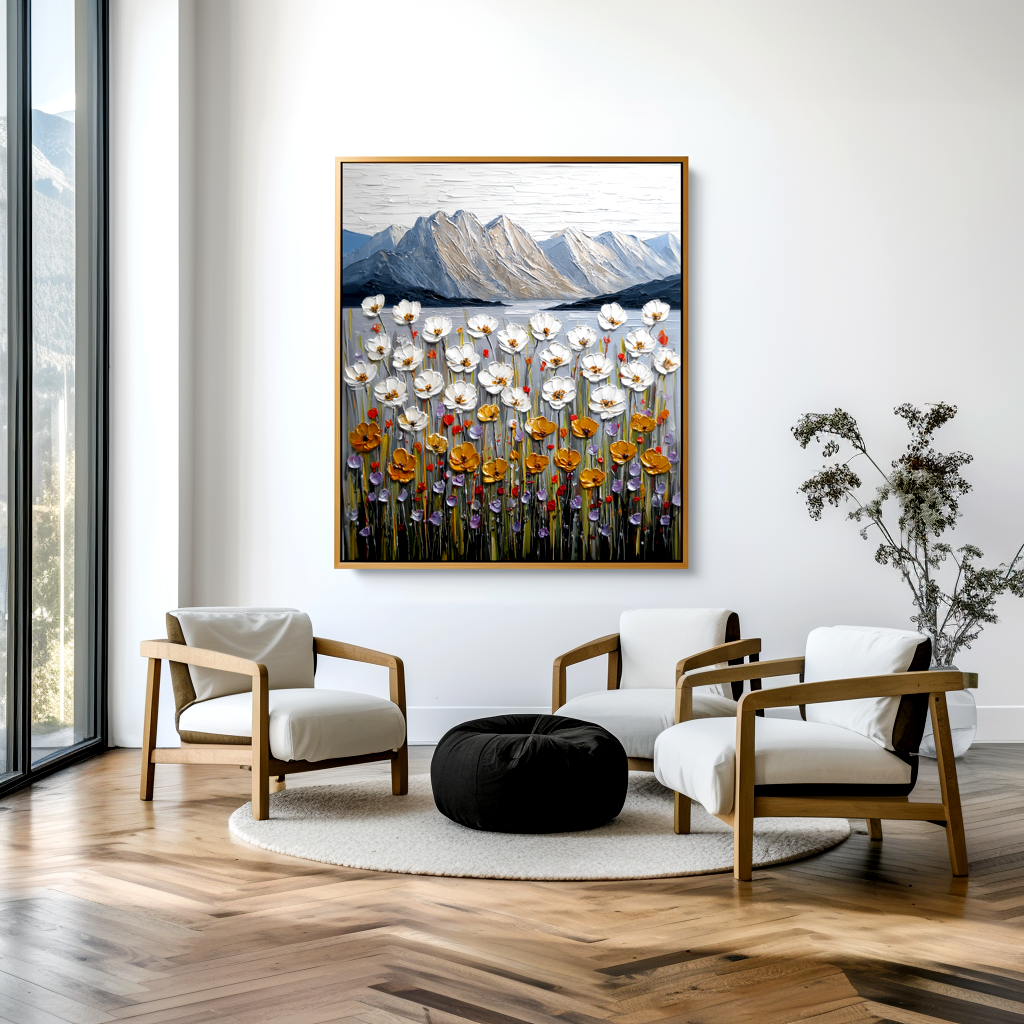 Where the Wildflowers Rise Textured Floral Mountain Landscape Canvas Wall Art#AB14268