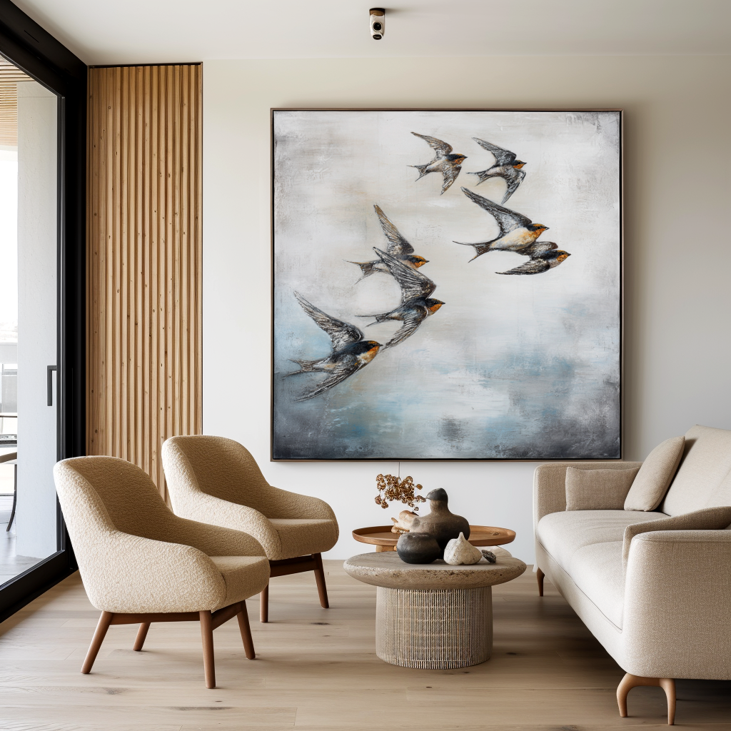 Quiet Ascent – Hand-Painted Birds in Flight Wall Art#AB14175