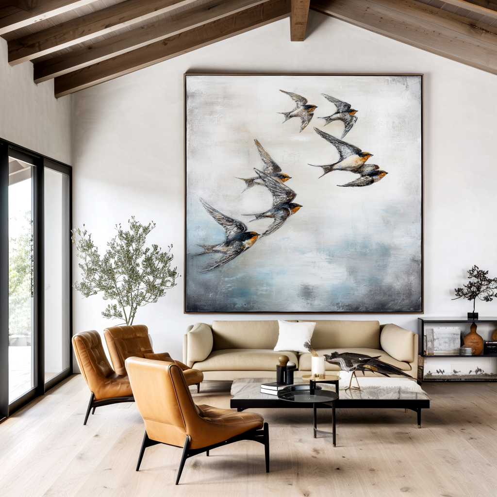 Quiet Ascent – Hand-Painted Birds in Flight Wall Art#AB14175