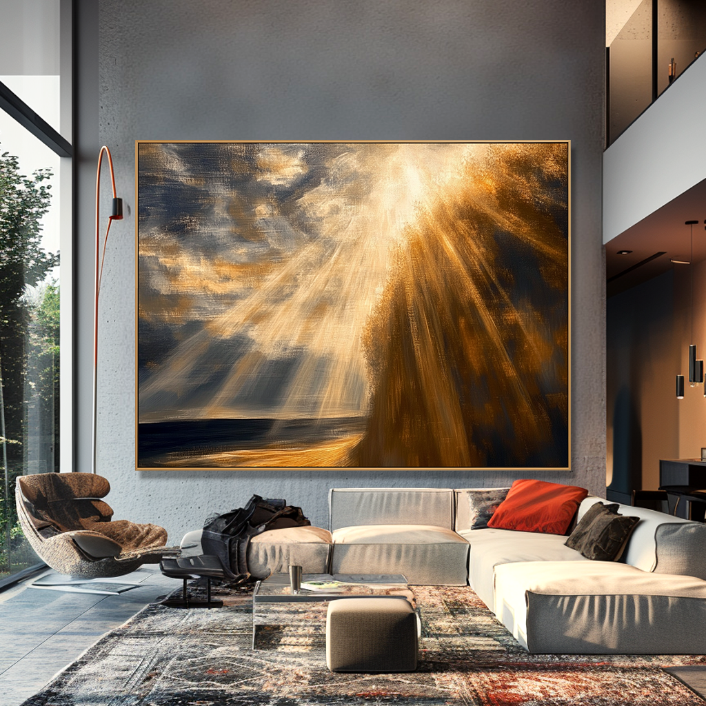 Heavenly Light – Golden Sun Rays Landscape Oil Painting#wp260130