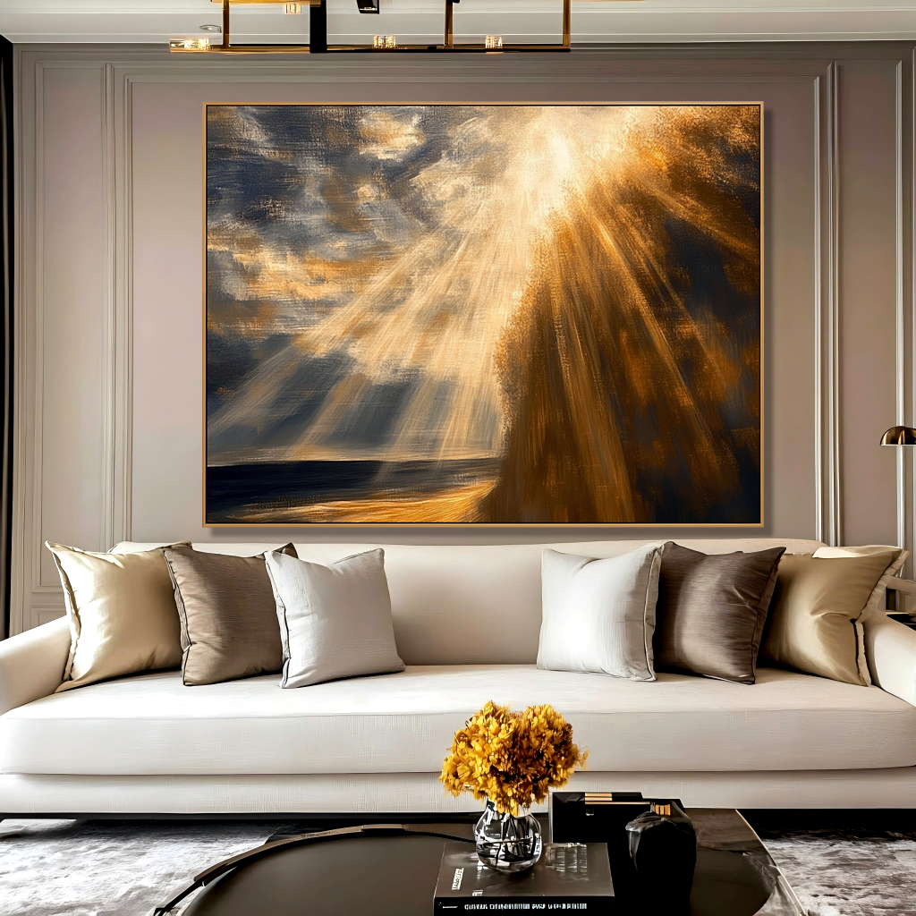 Heavenly Light – Golden Sun Rays Landscape Oil Painting#wp260130