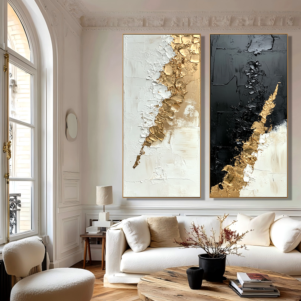 Gilded Divide – Hand-Painted Textured Abstract Diptych Set of 2#AB14206