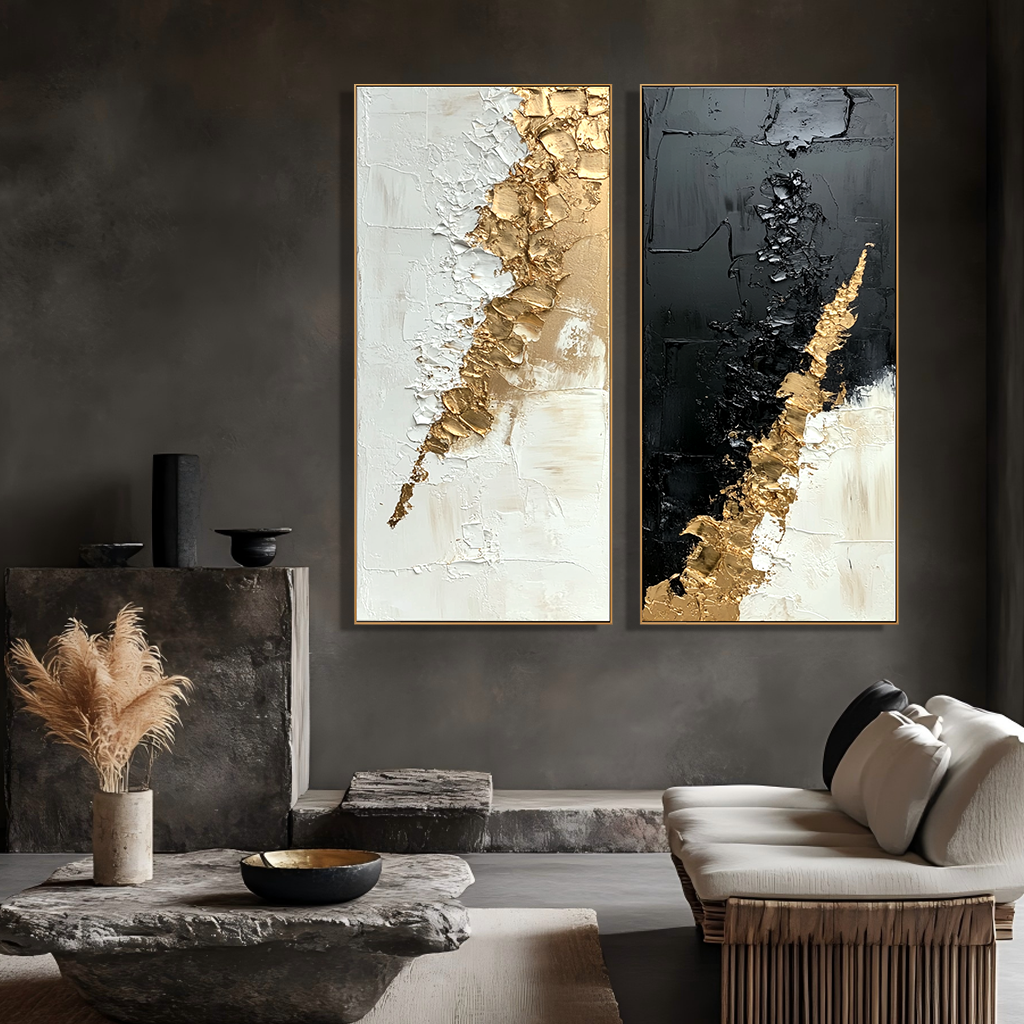 Gilded Divide – Hand-Painted Textured Abstract Diptych Set of 2#AB14206