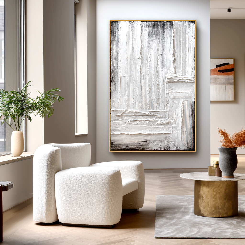 Silent Structure - Minimal White Textured Abstract Canvas#AB14291