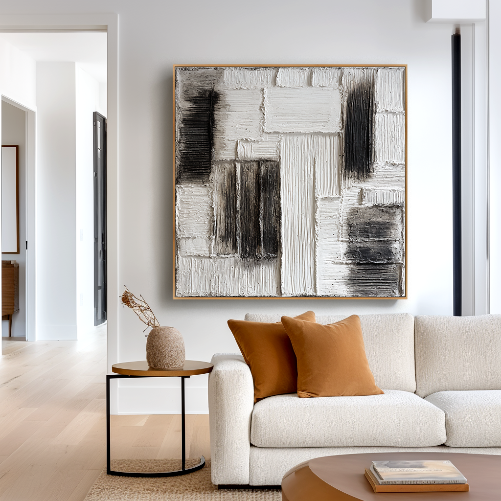 Layered Interval – Hand-Painted Black & White Textured Abstract Wall Art#AB14182