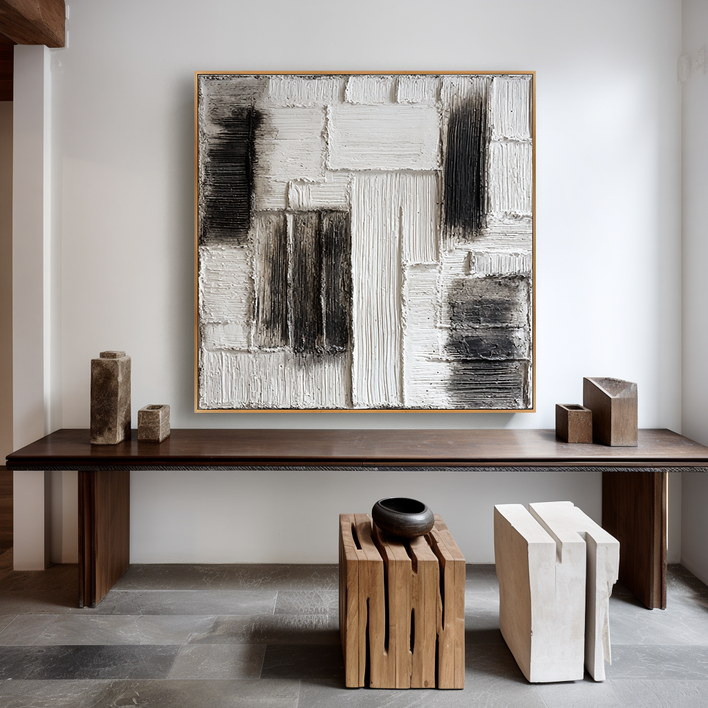 Layered Interval – Hand-Painted Black & White Textured Abstract Wall Art#AB14182