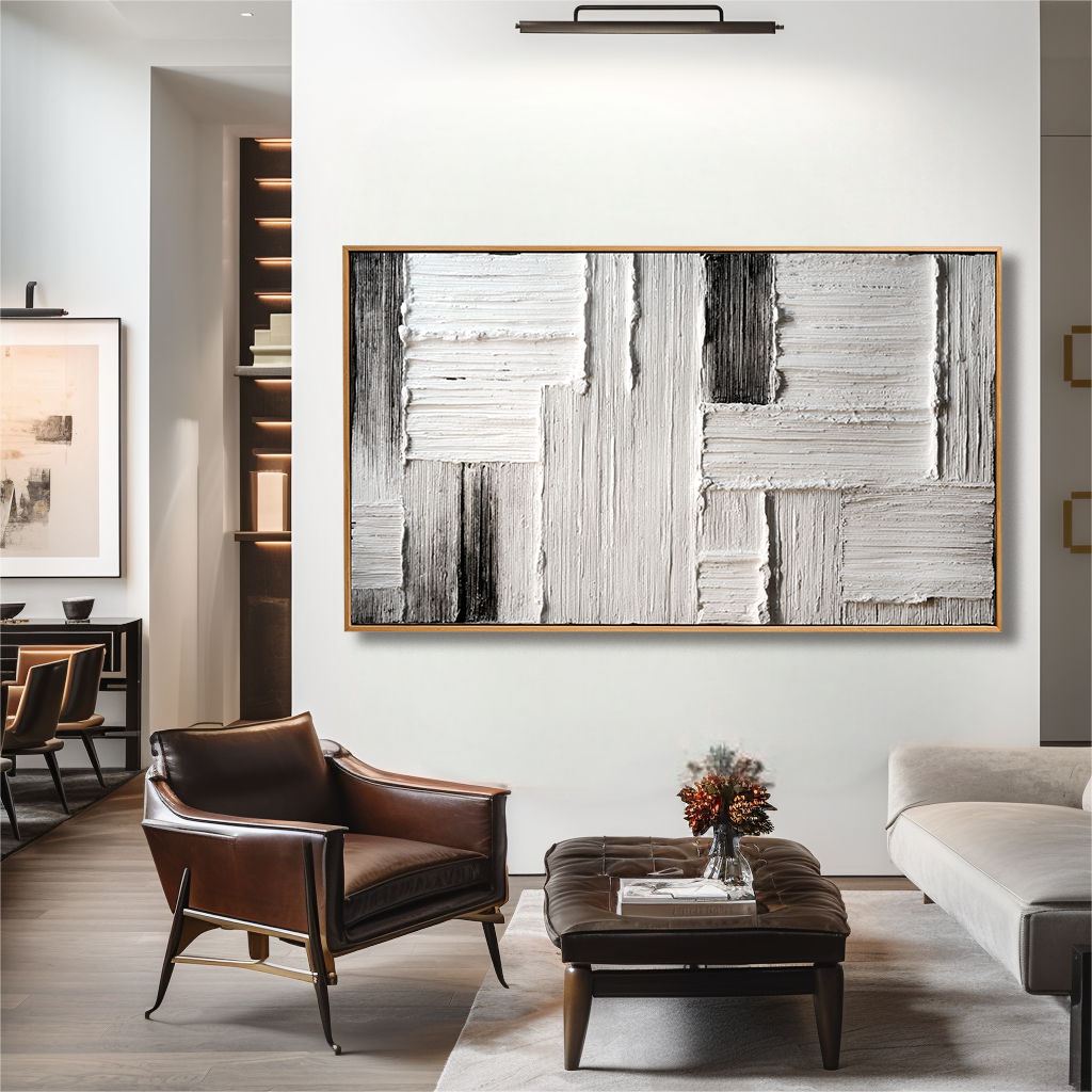 Measured Silence  Minimal White & Gray Textured Abstract Canvas#AB14292