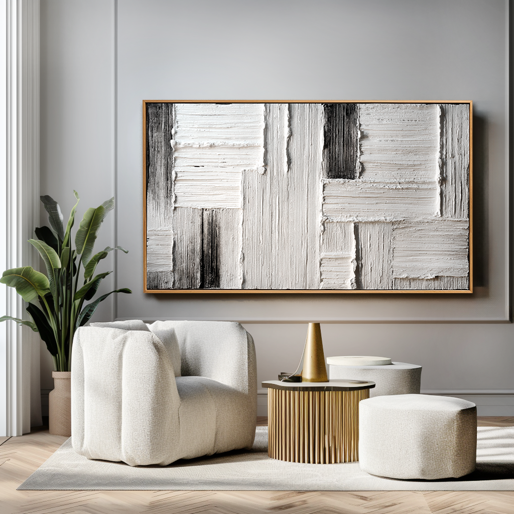 Measured Silence  Minimal White & Gray Textured Abstract Canvas#AB14292