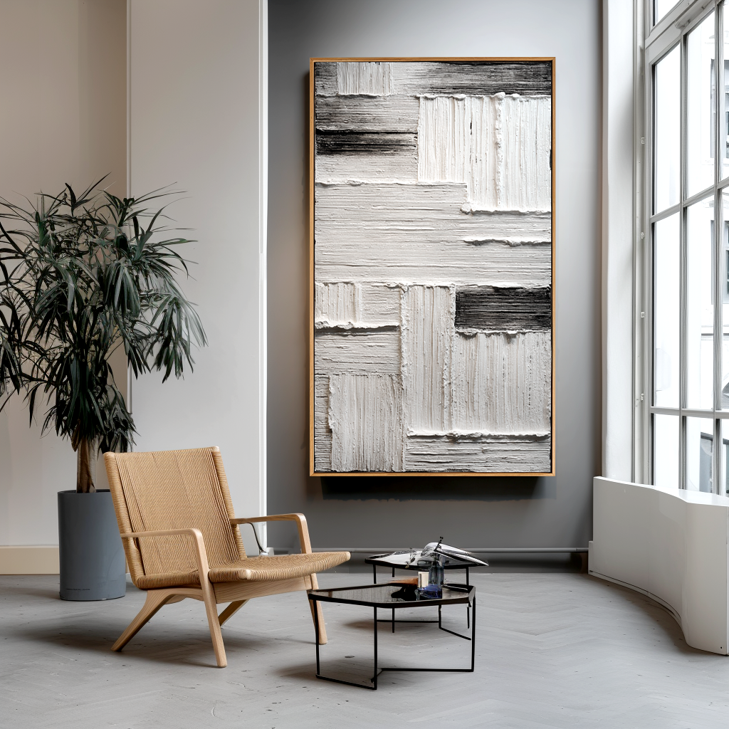 Measured Silence  Minimal White & Gray Textured Abstract Canvas#AB14292