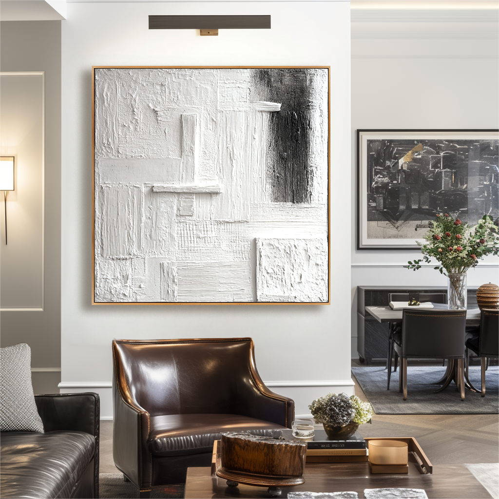 Quiet Geometry – Hand-Painted White Textured Abstract Wall Art#AB14174