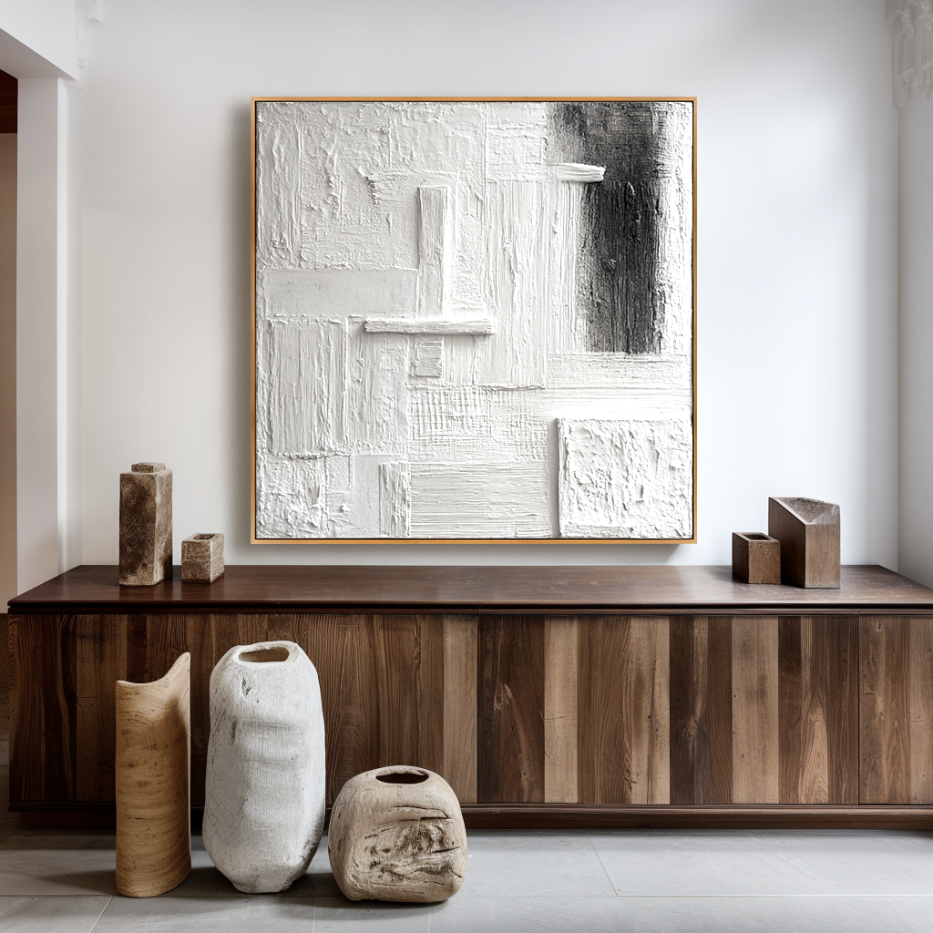 Quiet Geometry – Hand-Painted White Textured Abstract Wall Art#AB14174