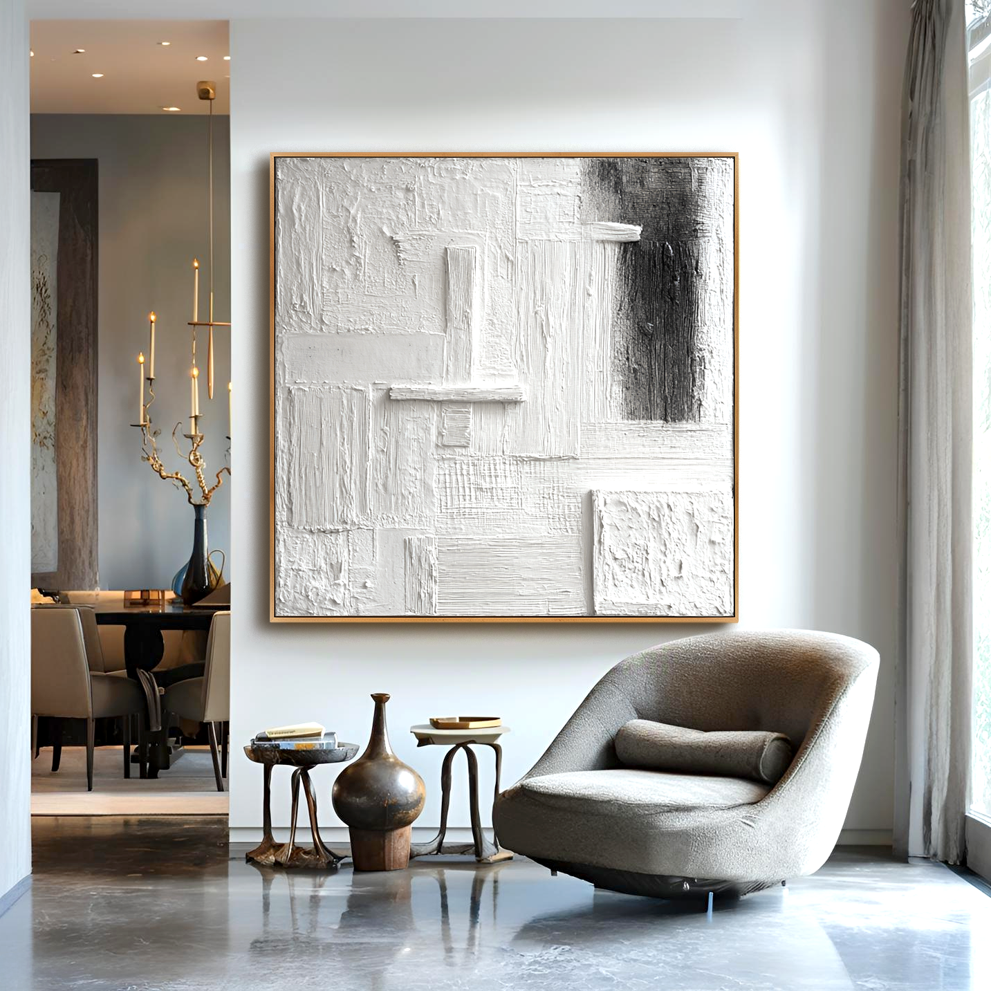 Quiet Geometry – Hand-Painted White Textured Abstract Wall Art#AB14174