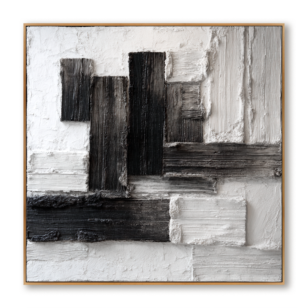 Monolithic Balance Hand-Painted Black & White Textured Abstract Wall Art