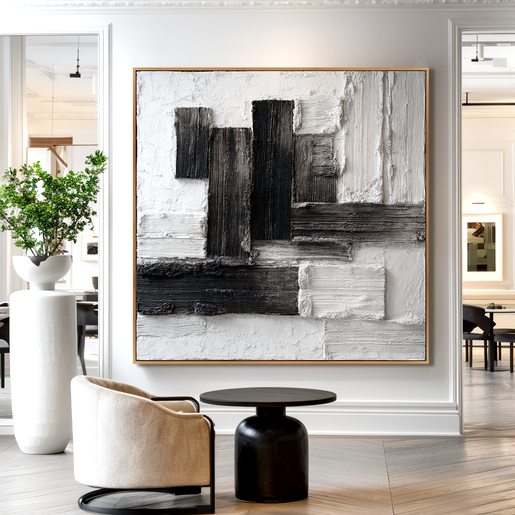 Monolithic Balance – Hand-Painted Black & White Textured Abstract Wall Art#AB14179
