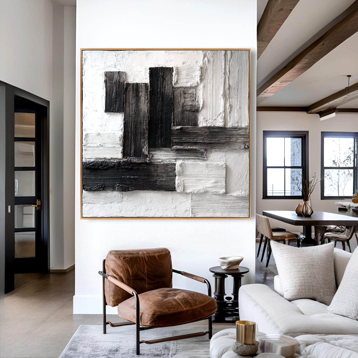 Monolithic Balance – Hand-Painted Black & White Textured Abstract Wall Art#AB14179