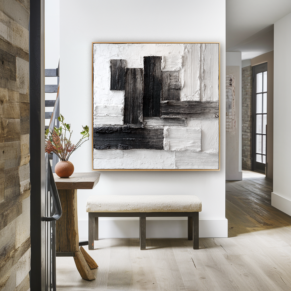 Monolithic Balance – Hand-Painted Black & White Textured Abstract Wall Art#AB14179