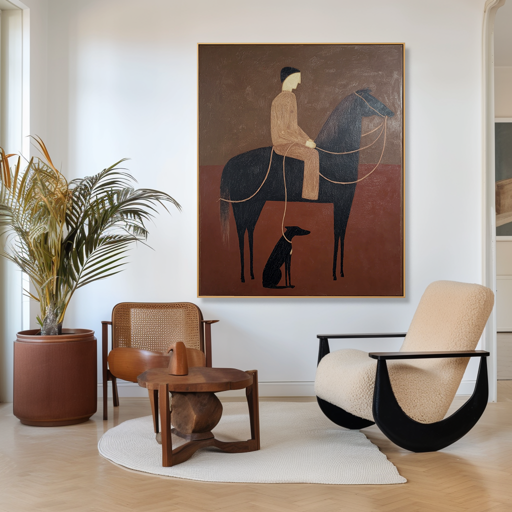 Quiet Companionship – Minimalist Figurative Horse & Dog Oil Painting#AB14330