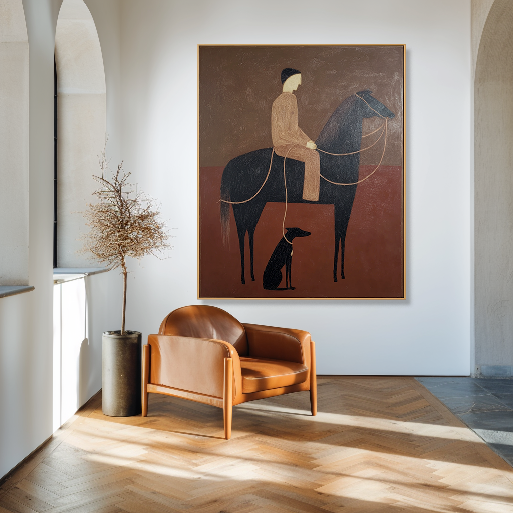 Quiet Companionship – Minimalist Figurative Horse & Dog Oil Painting#AB14330