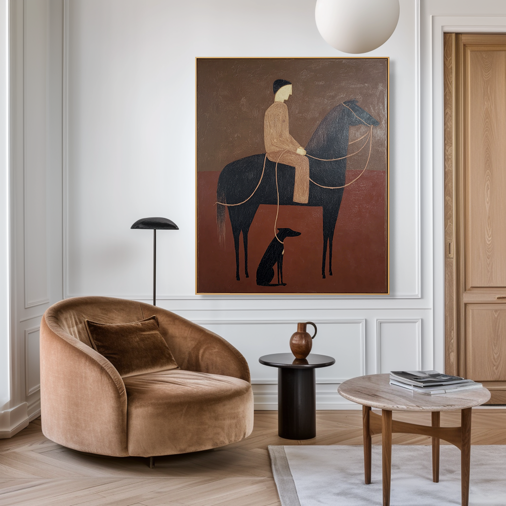 Quiet Companionship – Minimalist Figurative Horse & Dog Oil Painting#AB14330