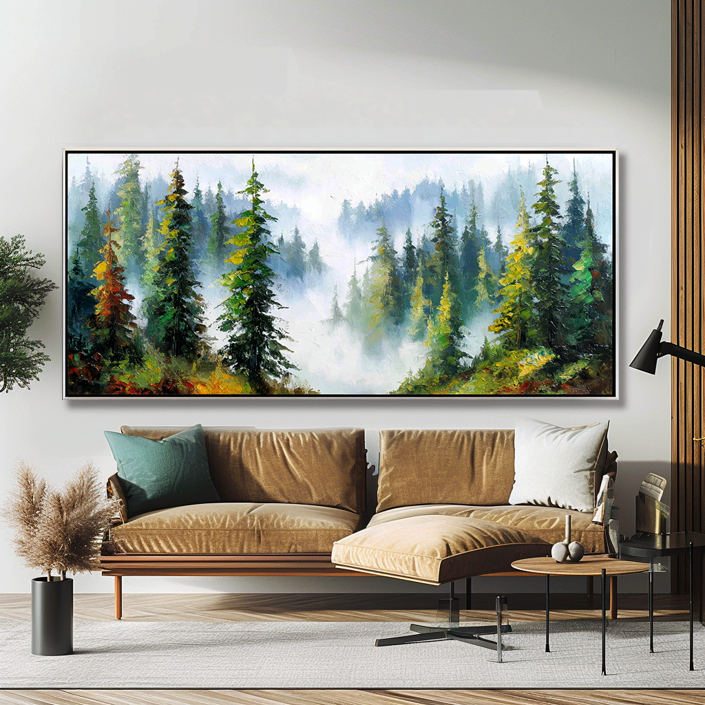 Whispering Pines – Panoramic Textured Landscape Oil Painting#AB14308