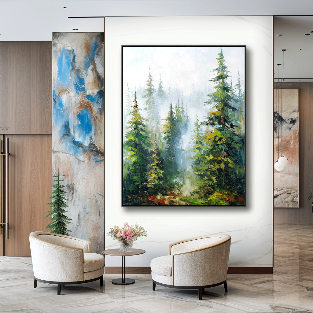 Silent Forest – Textured Pine Landscape Oil Painting#AB14309