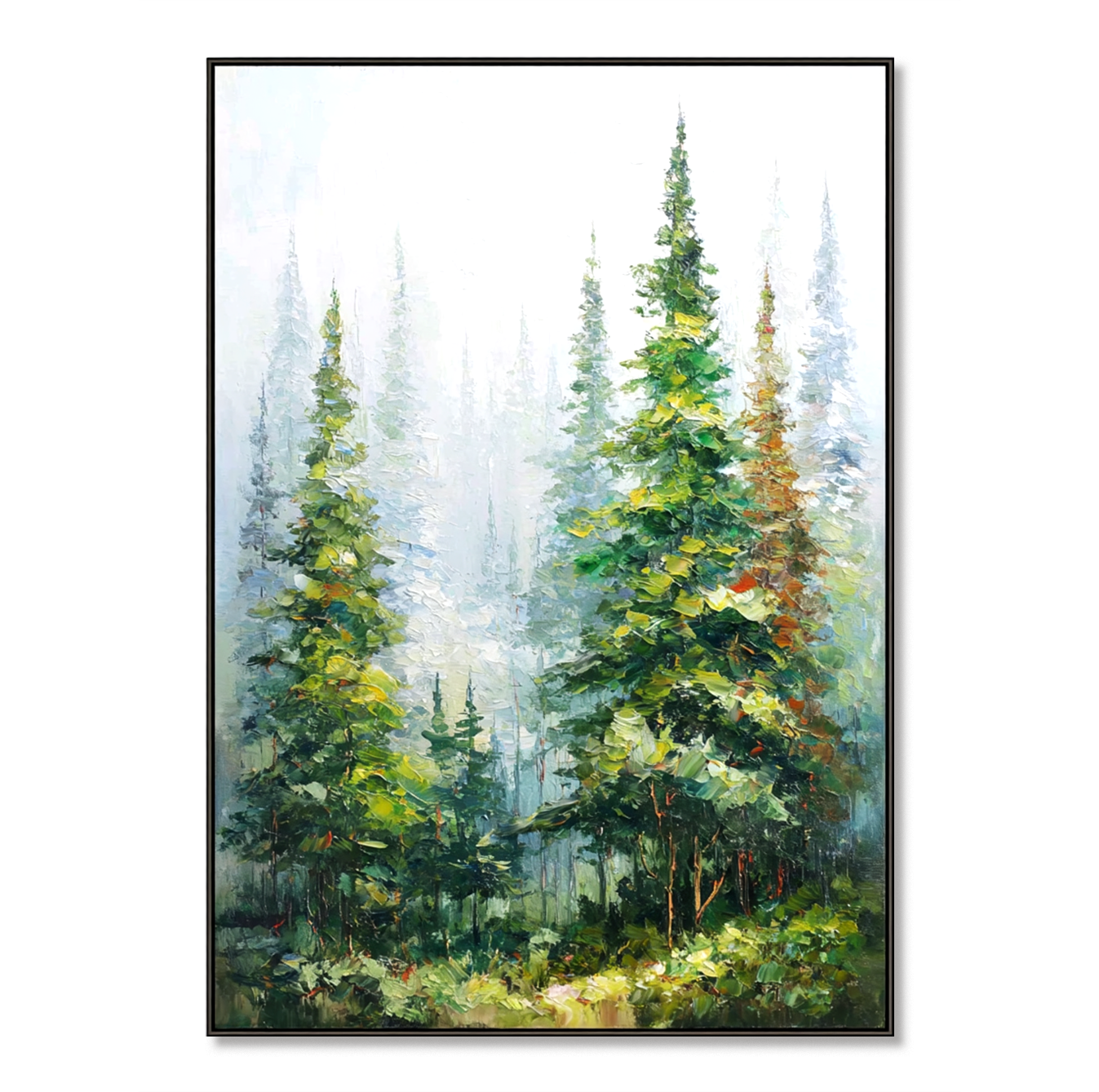 Emerald Stillness – Textured Forest Landscape Oil Painting#AB14310