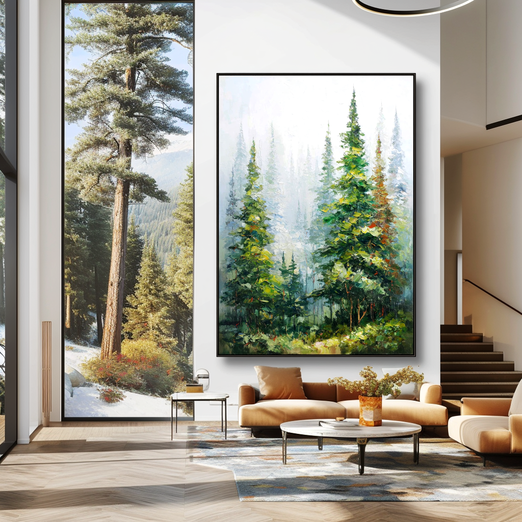 Emerald Stillness – Textured Forest Landscape Oil Painting#AB14310