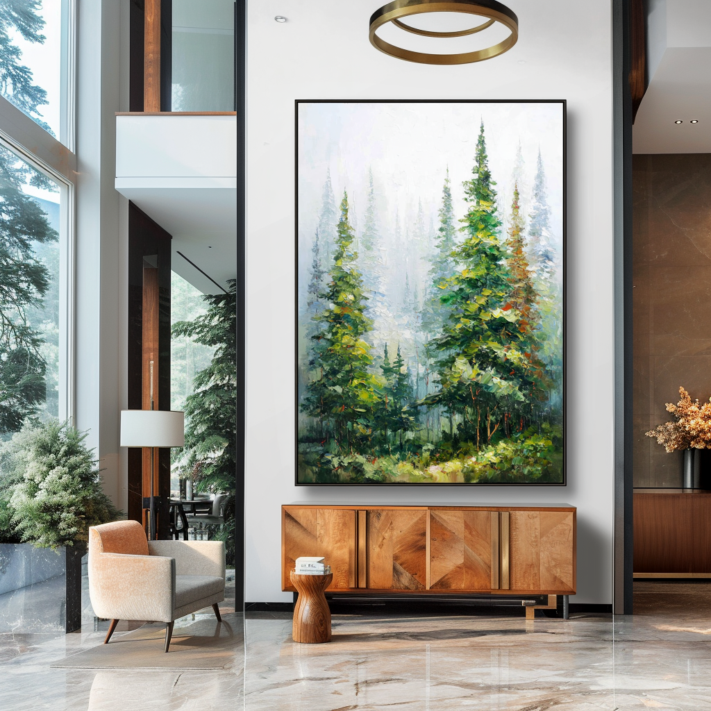 Emerald Stillness – Textured Forest Landscape Oil Painting#AB14310