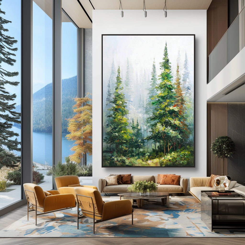 Emerald Stillness – Textured Forest Landscape Oil Painting#AB14310