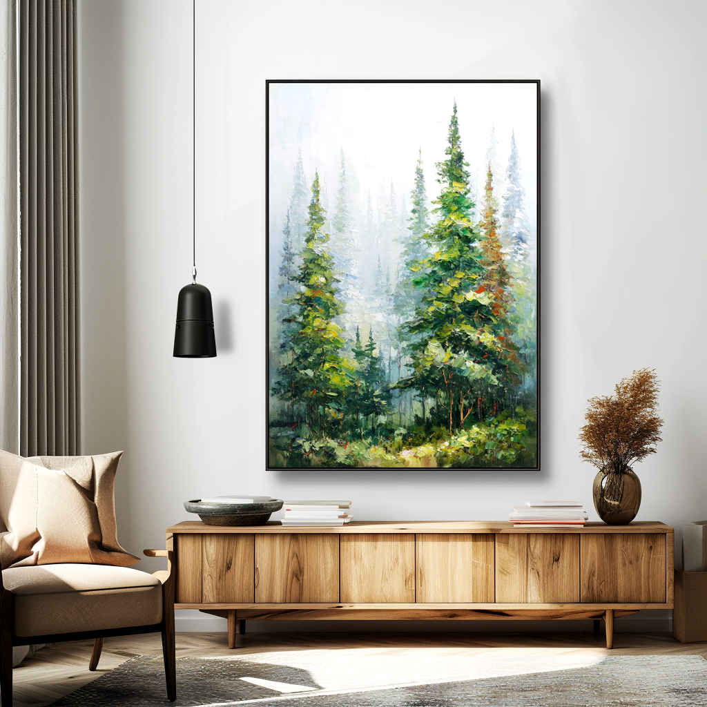 Emerald Stillness – Textured Forest Landscape Oil Painting#AB14310