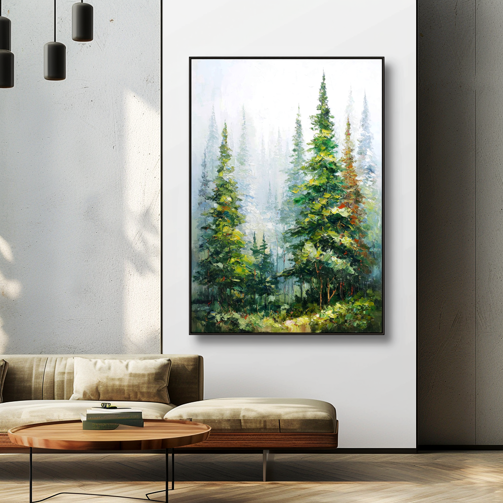 Emerald Stillness – Textured Forest Landscape Oil Painting#AB14310