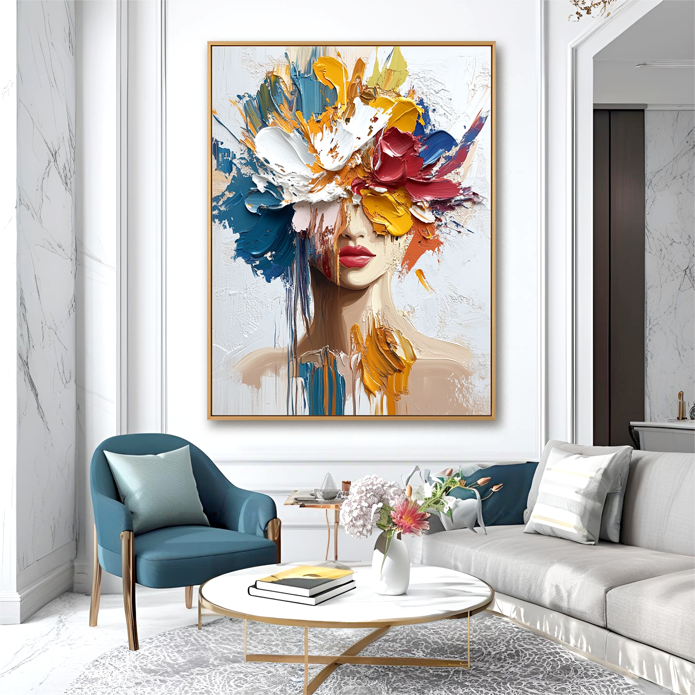 Chromatic Veil – Textured Abstract Portrait Oil Painting#AB14320