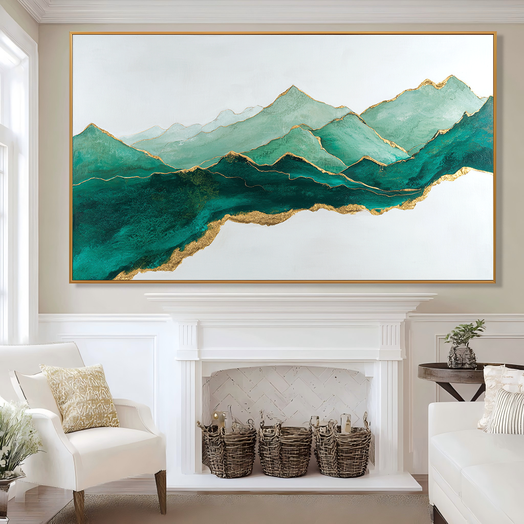 Emerald Horizon – Panoramic Textured Mountain Oil Painting#AB14311