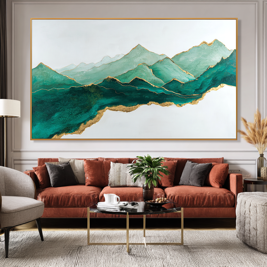 Emerald Horizon – Panoramic Textured Mountain Oil Painting#AB14311